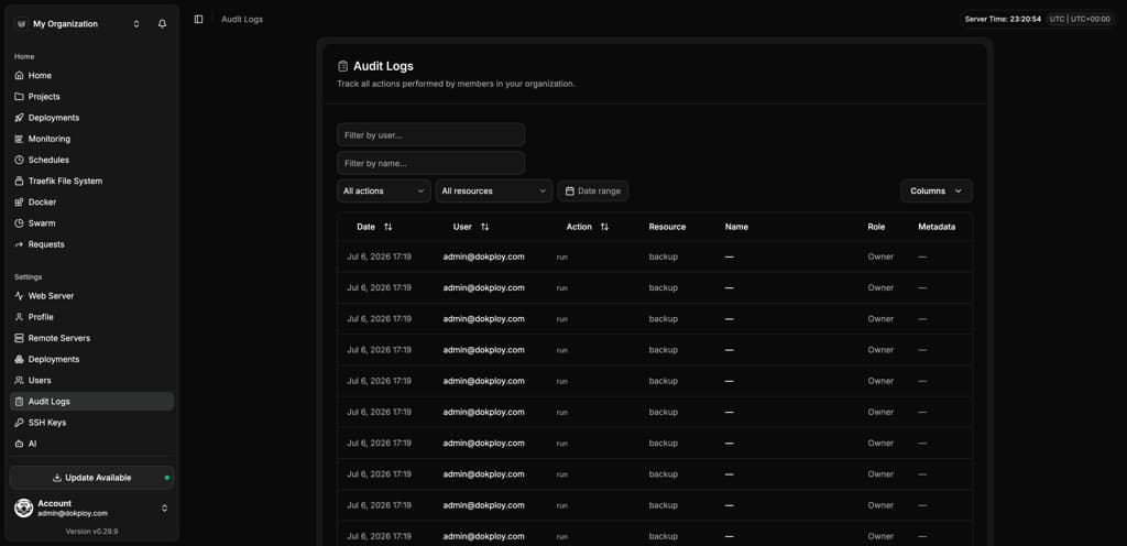 Dokploy audit logs tracking deployments in governed environments