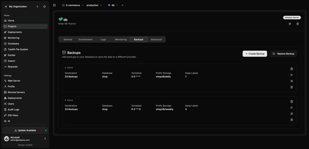 Dokploy scheduled database backups with S3 destination