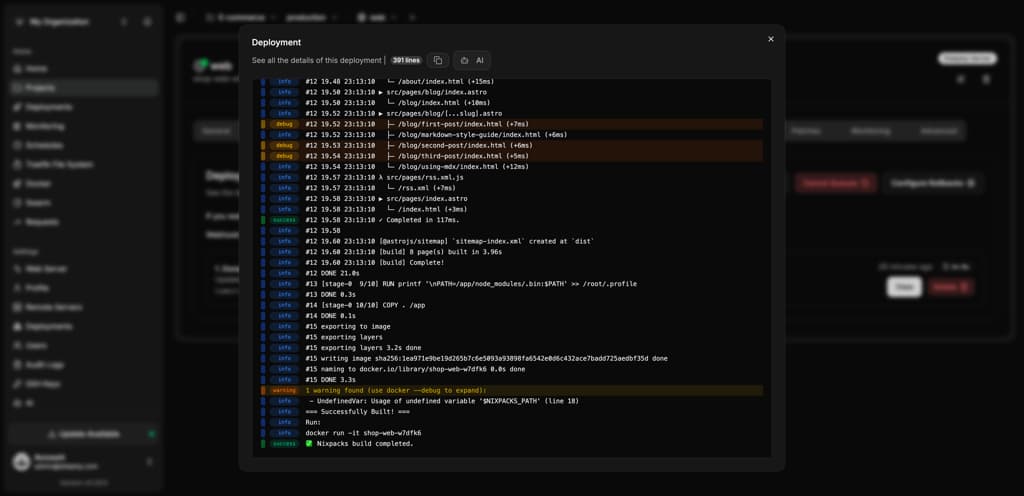 Dokploy deployment panel showing build and deployment logs