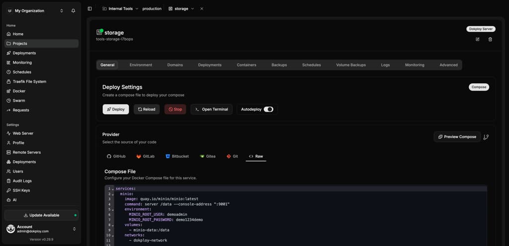 Dokploy Docker Compose editor with multi-service configuration