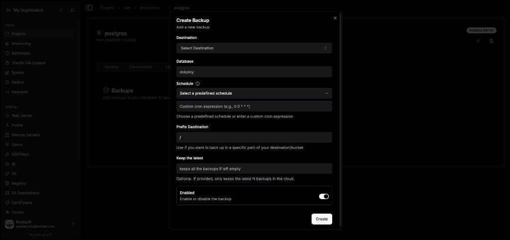 Dokploy Create Backup modal for database and volume backups