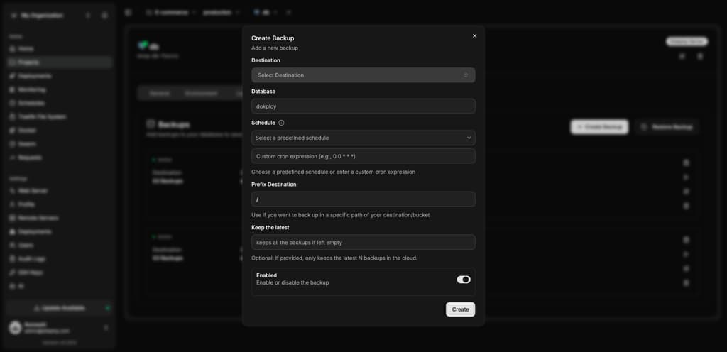 Dokploy Create Backup modal for database and volume backups