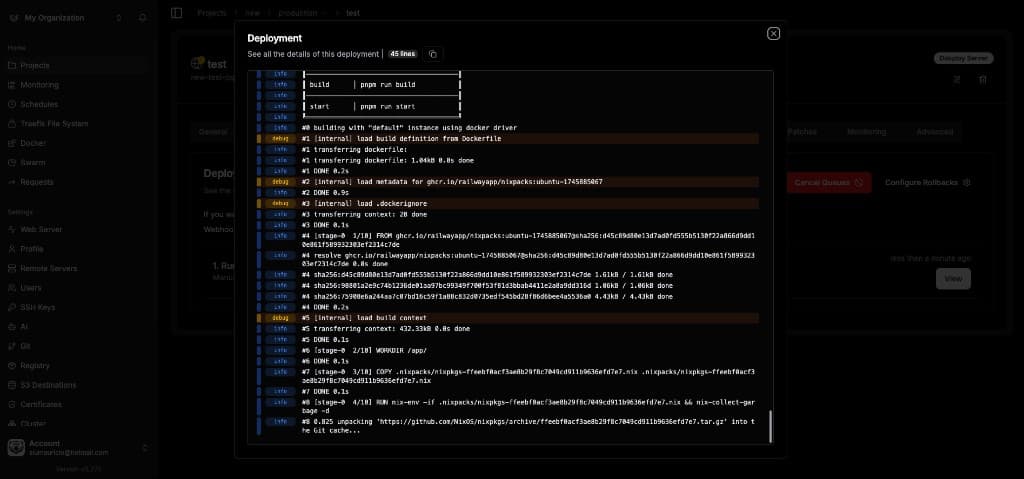 Dokploy deployment panel showing build and deployment logs