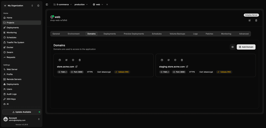 Dokploy domains configuration with automatic HTTPS certificates