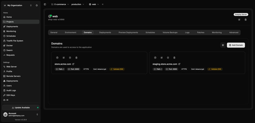 Dokploy domains configuration with automatic HTTPS certificates