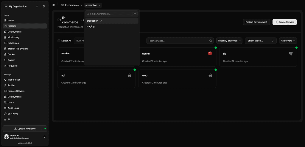 Dokploy dashboard showing an agency project with web, API, database and worker services, and an environment selector with production and staging