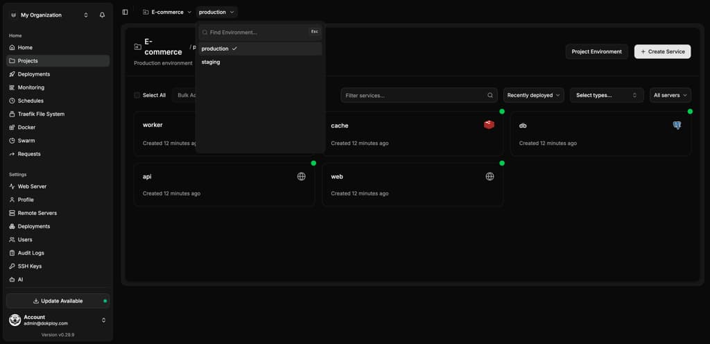 Dokploy dashboard for a healthcare technology project with production and staging environments and running services