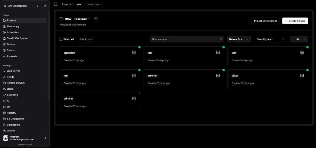 Dokploy projects dashboard with services grid and environment selector
