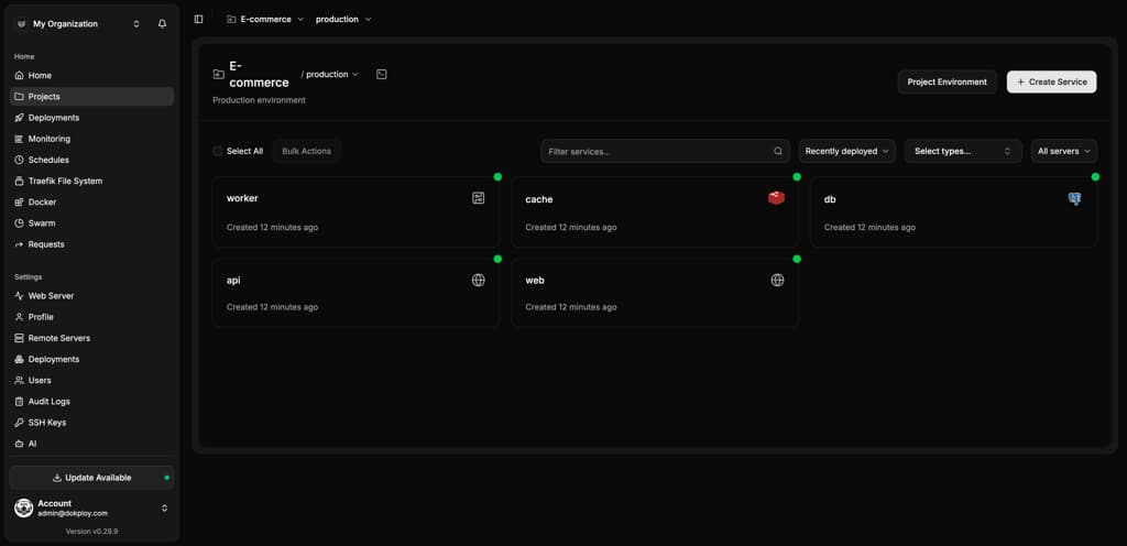 Dokploy projects dashboard with services grid and environment selector