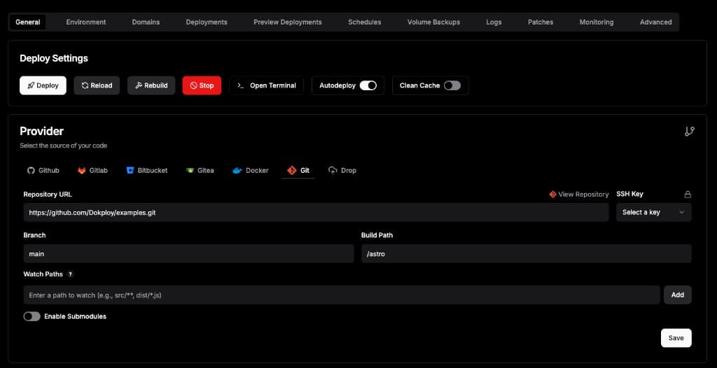 Dokploy deploy settings with GitHub, GitLab, Bitbucket and other providers