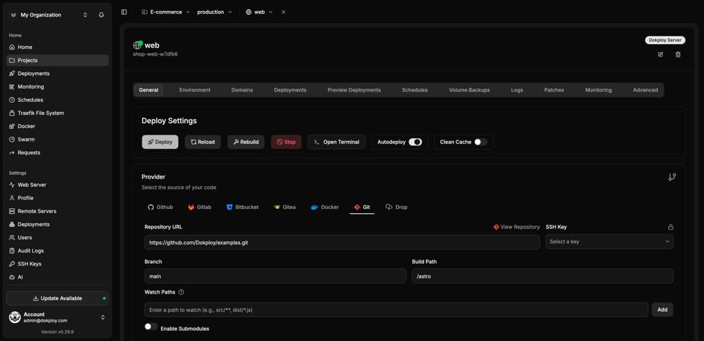 Dokploy deploy settings with GitHub, GitLab, Bitbucket and other providers