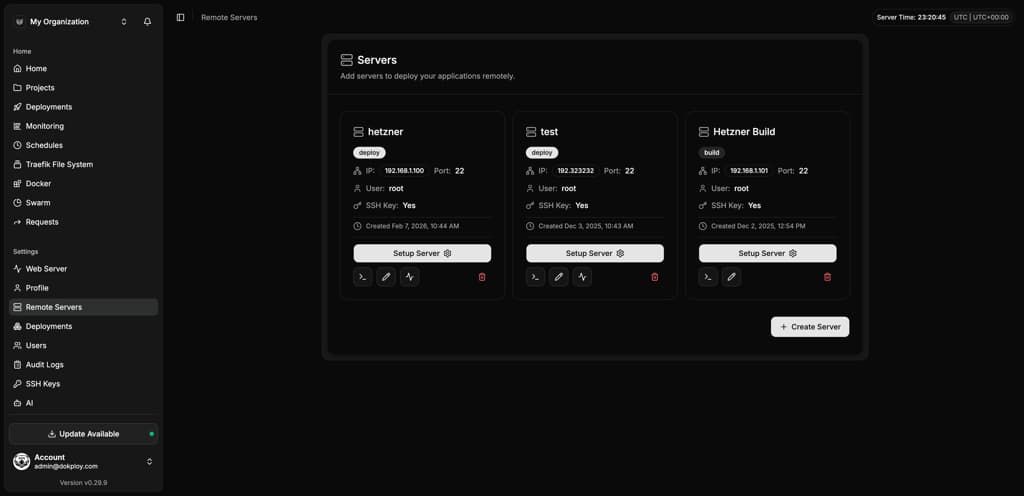 Dokploy remote servers showing connected VPS infrastructure