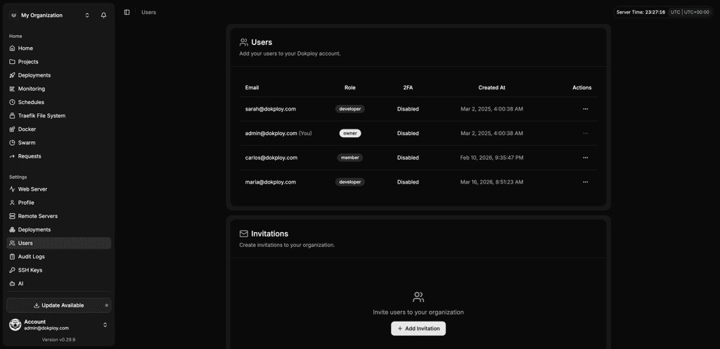 Dokploy team access and role-based permissions dashboard