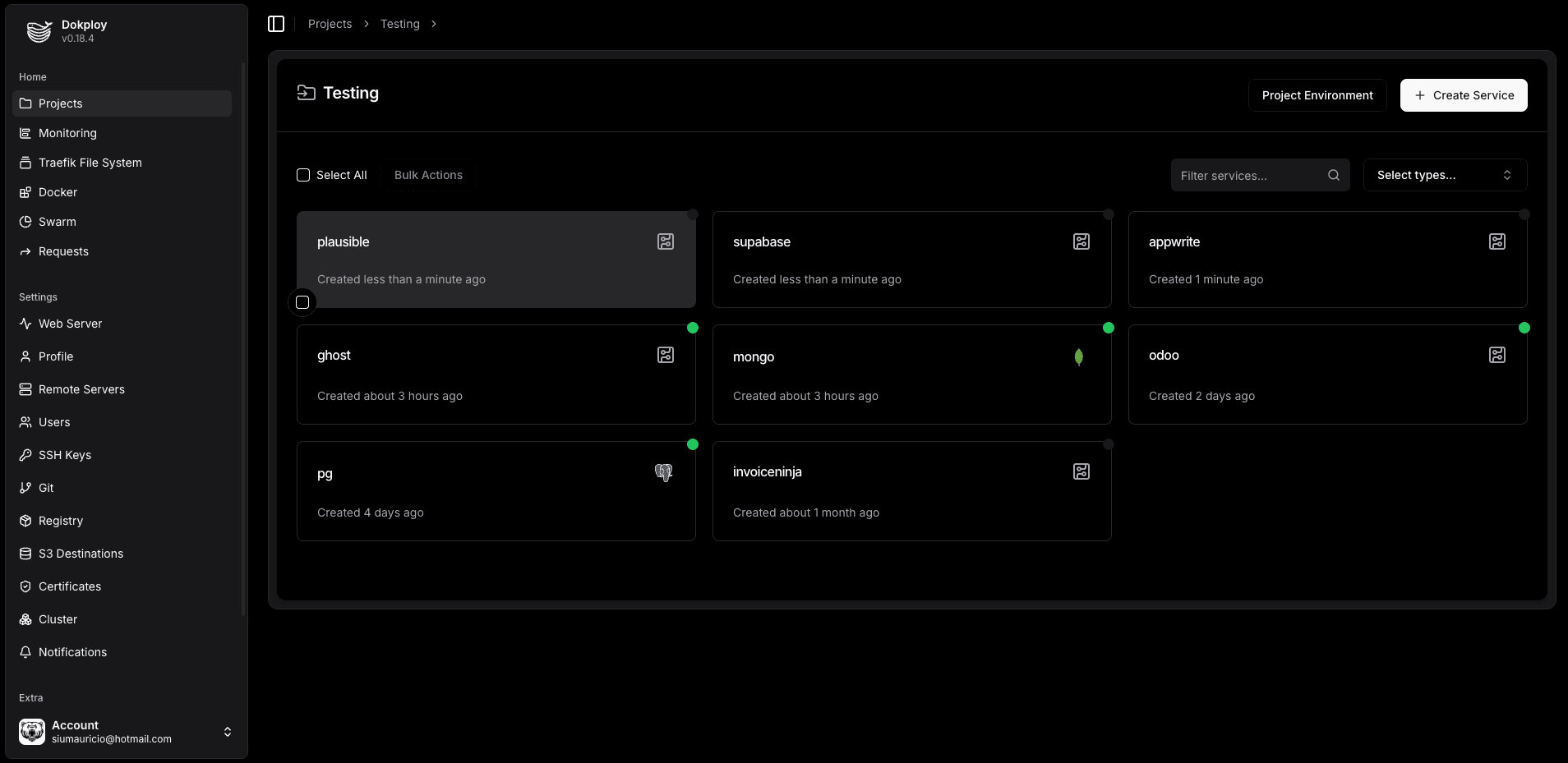 Dokploy dashboard showing projects and deployed services