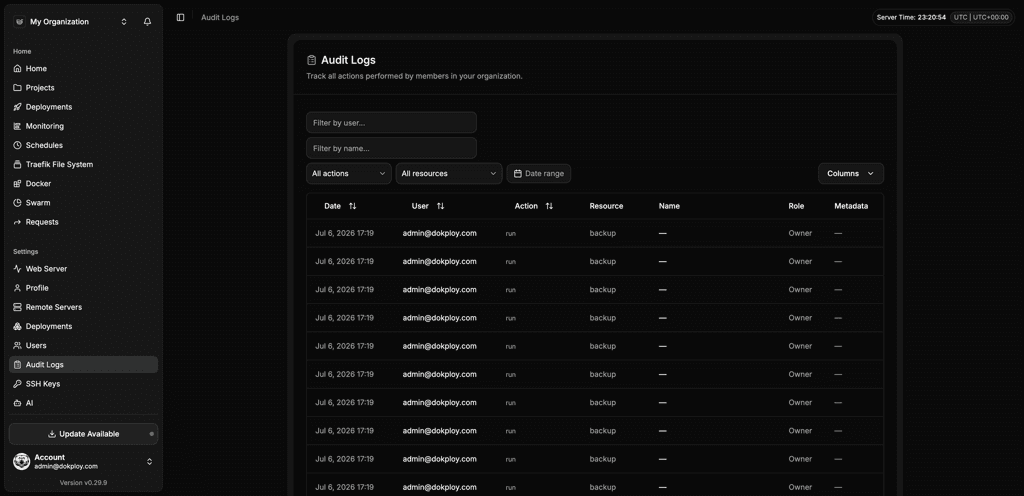 Dokploy audit logs tracking deployments in governed environments