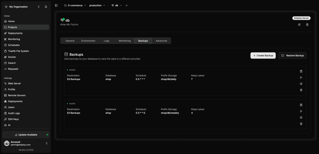 Dokploy scheduled database backups with S3 destination