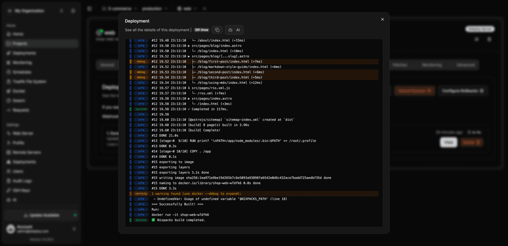 Dokploy deployment panel showing build and deployment logs