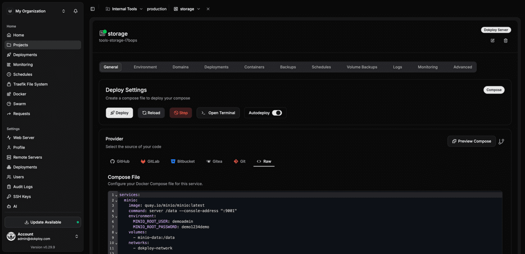 Dokploy Docker Compose editor with multi-service configuration