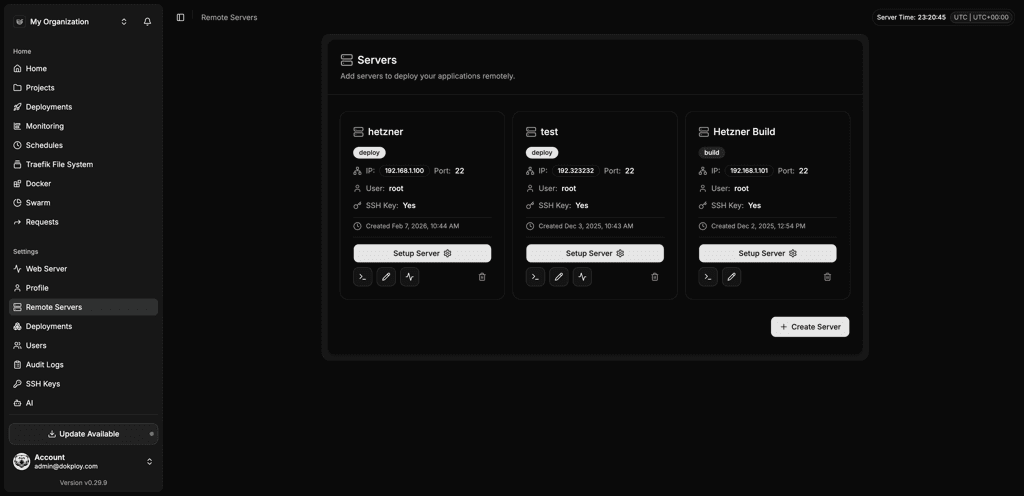 Dokploy remote servers showing connected VPS infrastructure